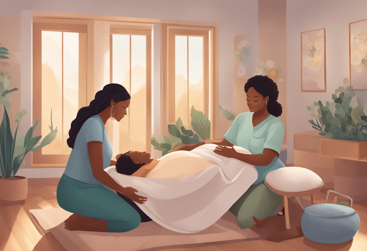 A peaceful birthing room with a doula providing emotional and physical support to a laboring mother, surrounded by calming essential oils and soft, soothing music