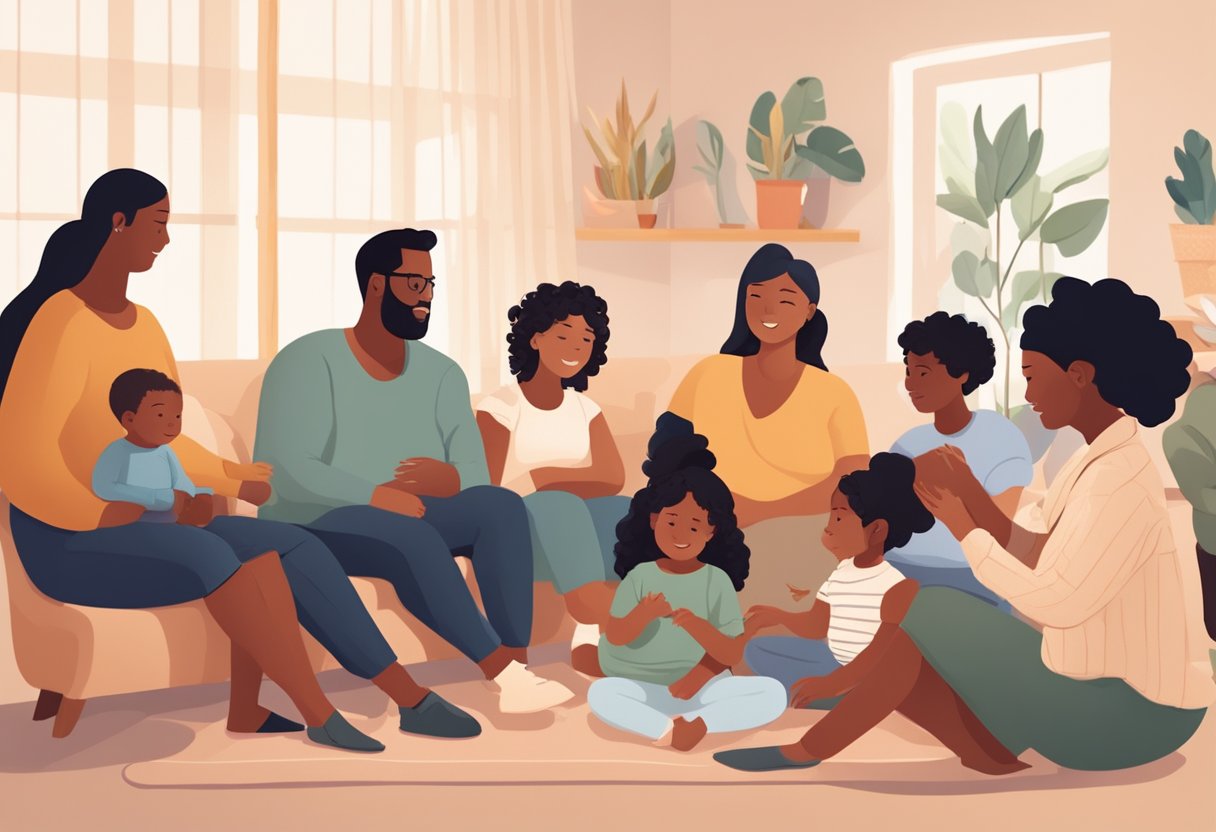 A group of diverse individuals gather in a cozy, sunlit room, engaged in discussions and activities focused on supporting families during birth