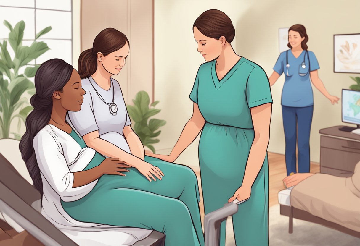 A doula guiding a pregnant person through labor with support from family and medical professionals