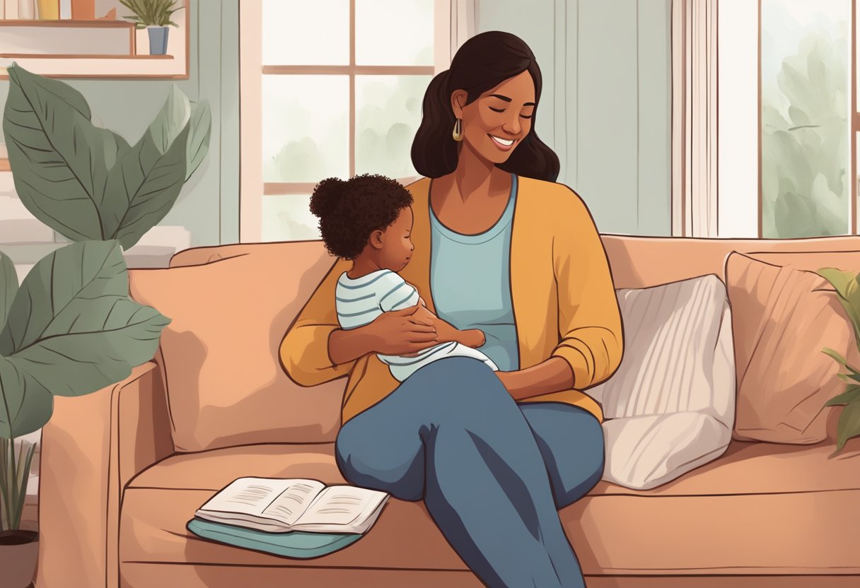 A postpartum doula providing emotional support and guidance to a new mother in a cozy living room setting