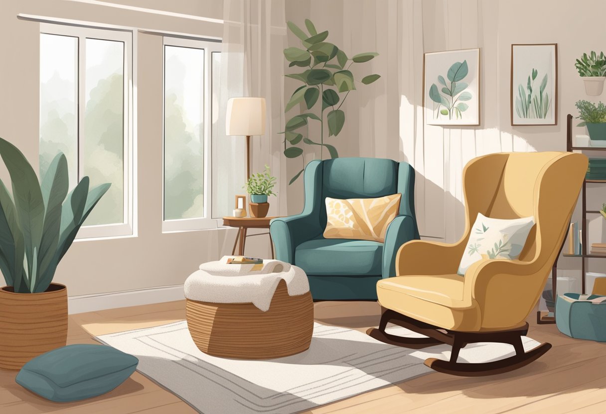 A cozy living room with a comfortable rocking chair, soft blankets, and a warm, inviting atmosphere. A table holds resources and materials for postpartum doula practice