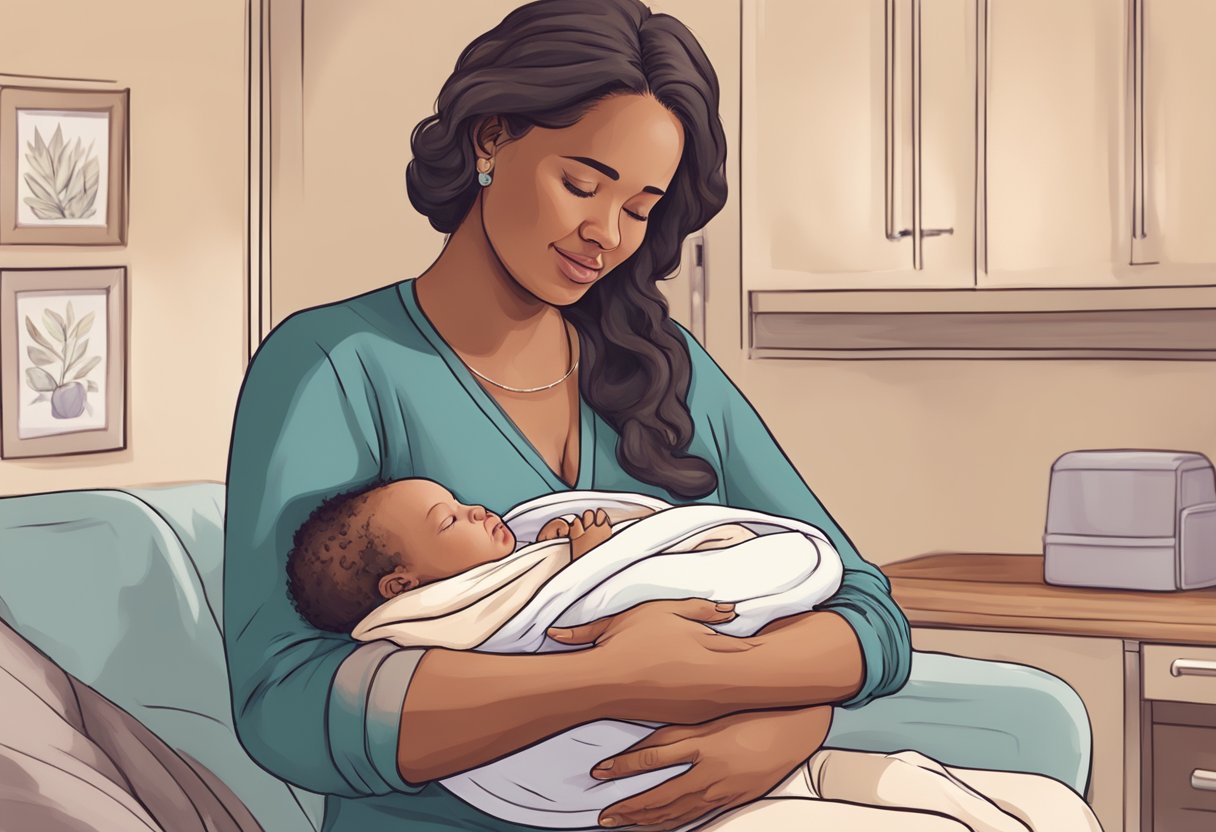 A doula holding a newborn baby, offering emotional support to a new mother during labor