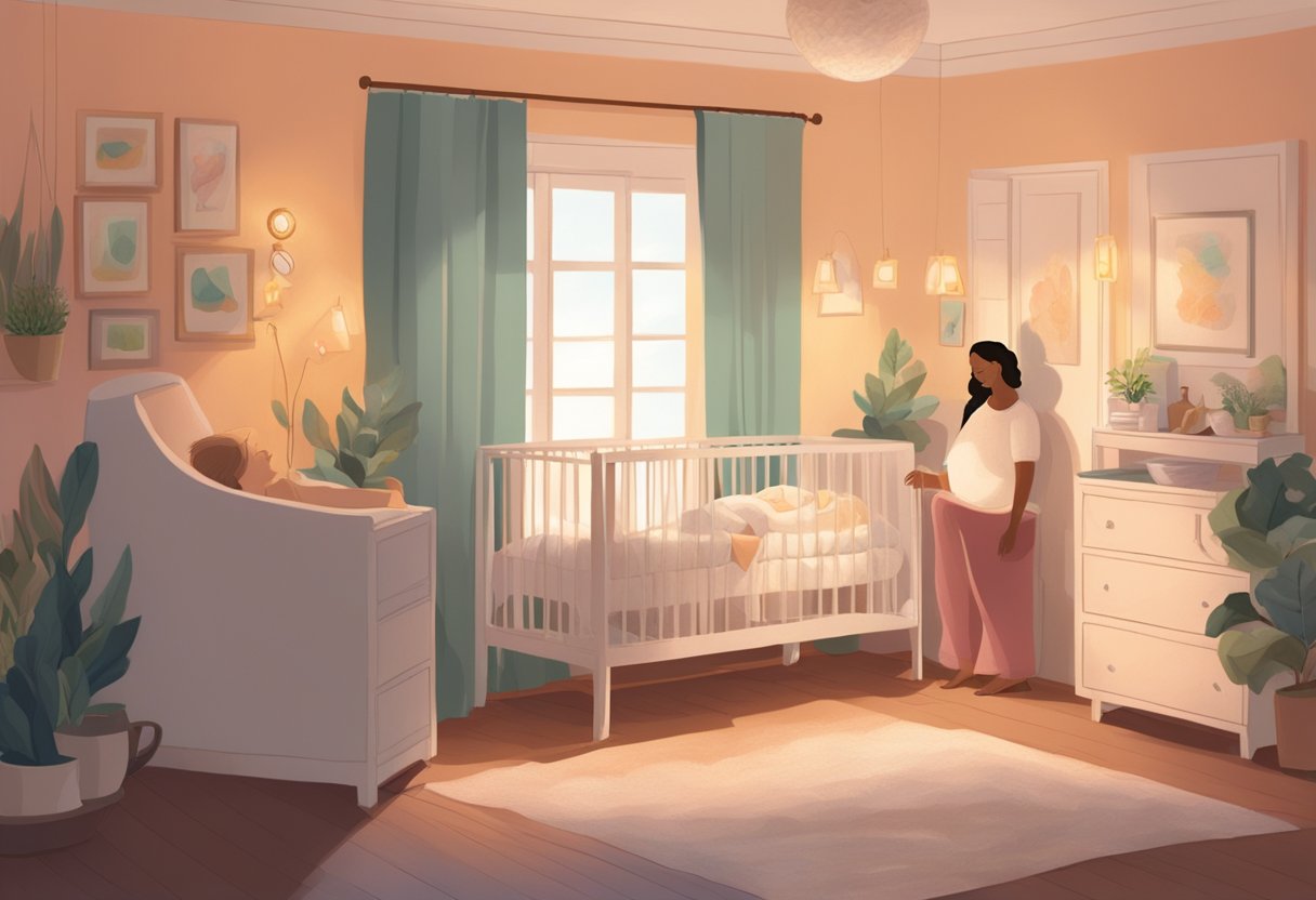 A serene birthing room with a doula providing emotional and physical support to a laboring mother, surrounded by soft lighting and comforting decor