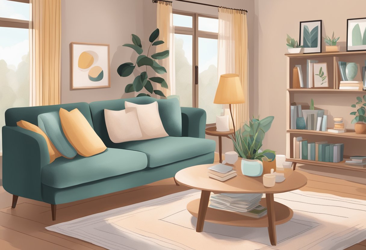 A cozy living room with soft lighting, comfortable seating, and a table set up with informational materials and resources for doula services