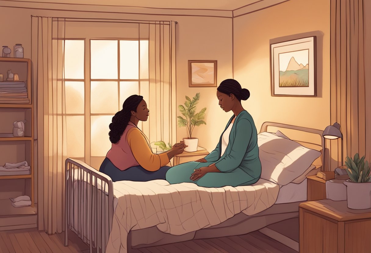 A doula calmly supports a laboring person, offering comfort and guidance in a warm, dimly lit birthing room