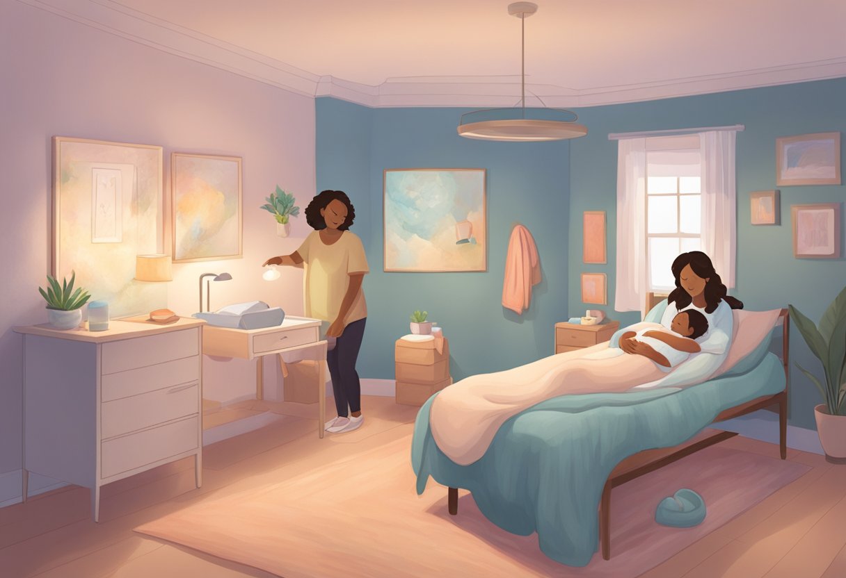 A serene birthing room with a comfortable bed, soft lighting, and a supportive doula assisting a laboring mother