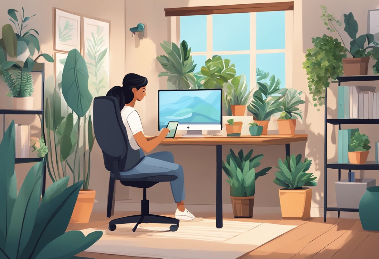 A cozy home office with a desk, computer, and paperwork. A smiling person on the phone. Plants and calming decor