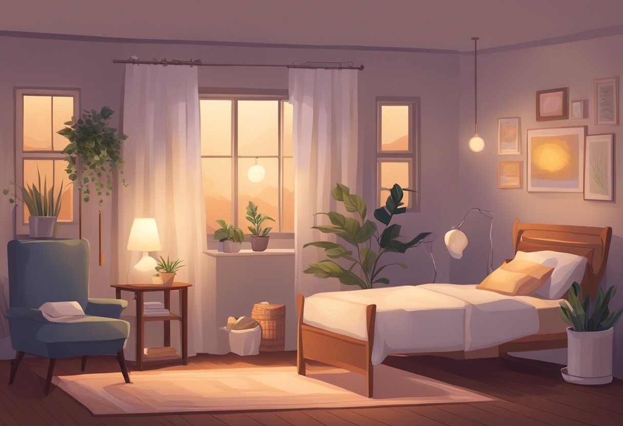 A serene, dimly lit room with a comfortable birthing bed, soft lighting, and calming decor. A table holds essential oils, soothing music plays in the background