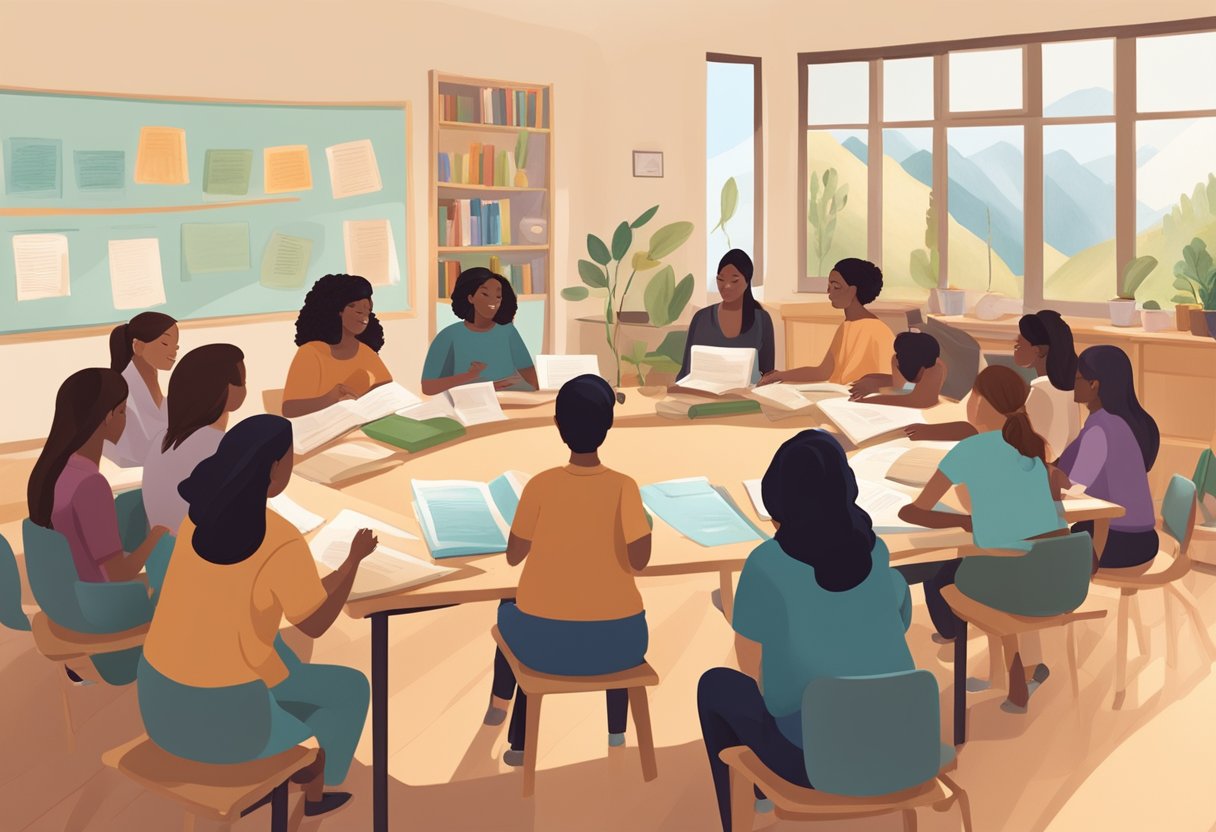 A serene doula training classroom with diverse students engaged in learning, surrounded by educational materials and a warm, inclusive atmosphere