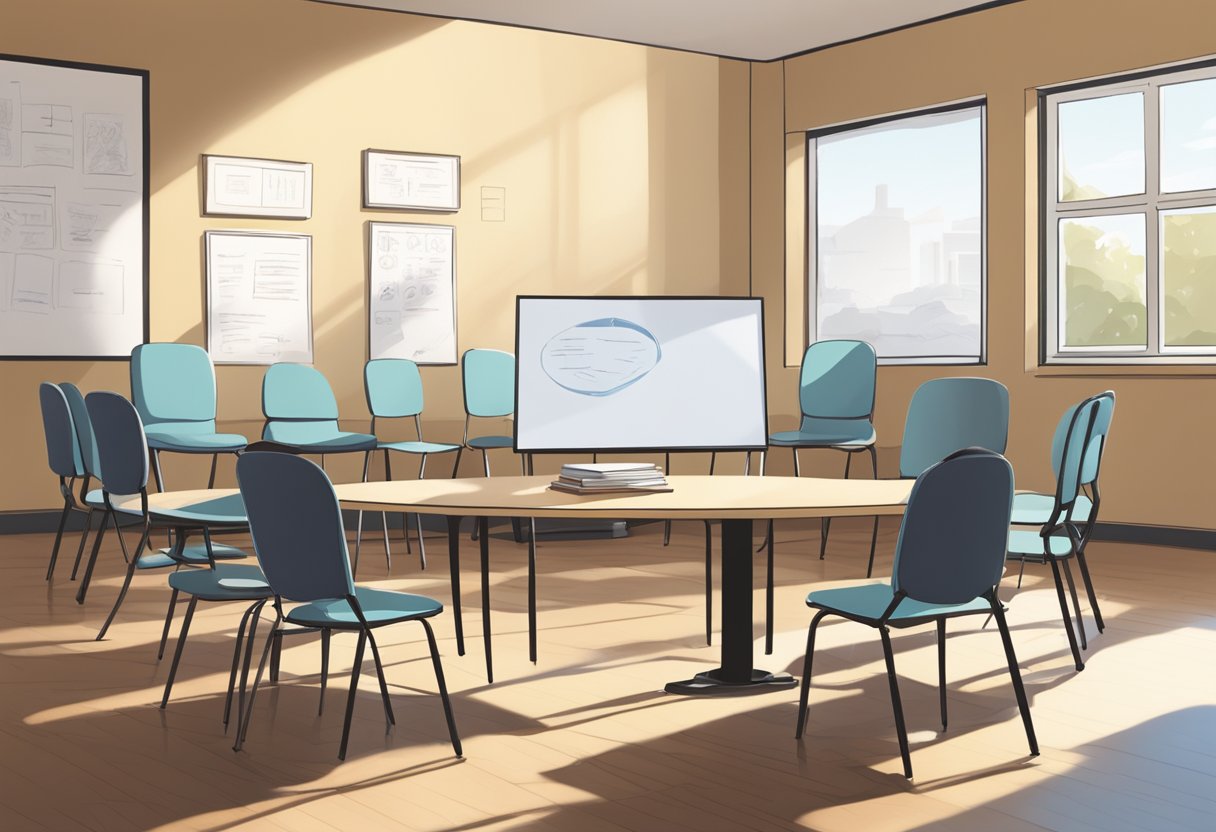 A serene, sunlit room with a circle of chairs, a whiteboard, and a stack of training materials on a table