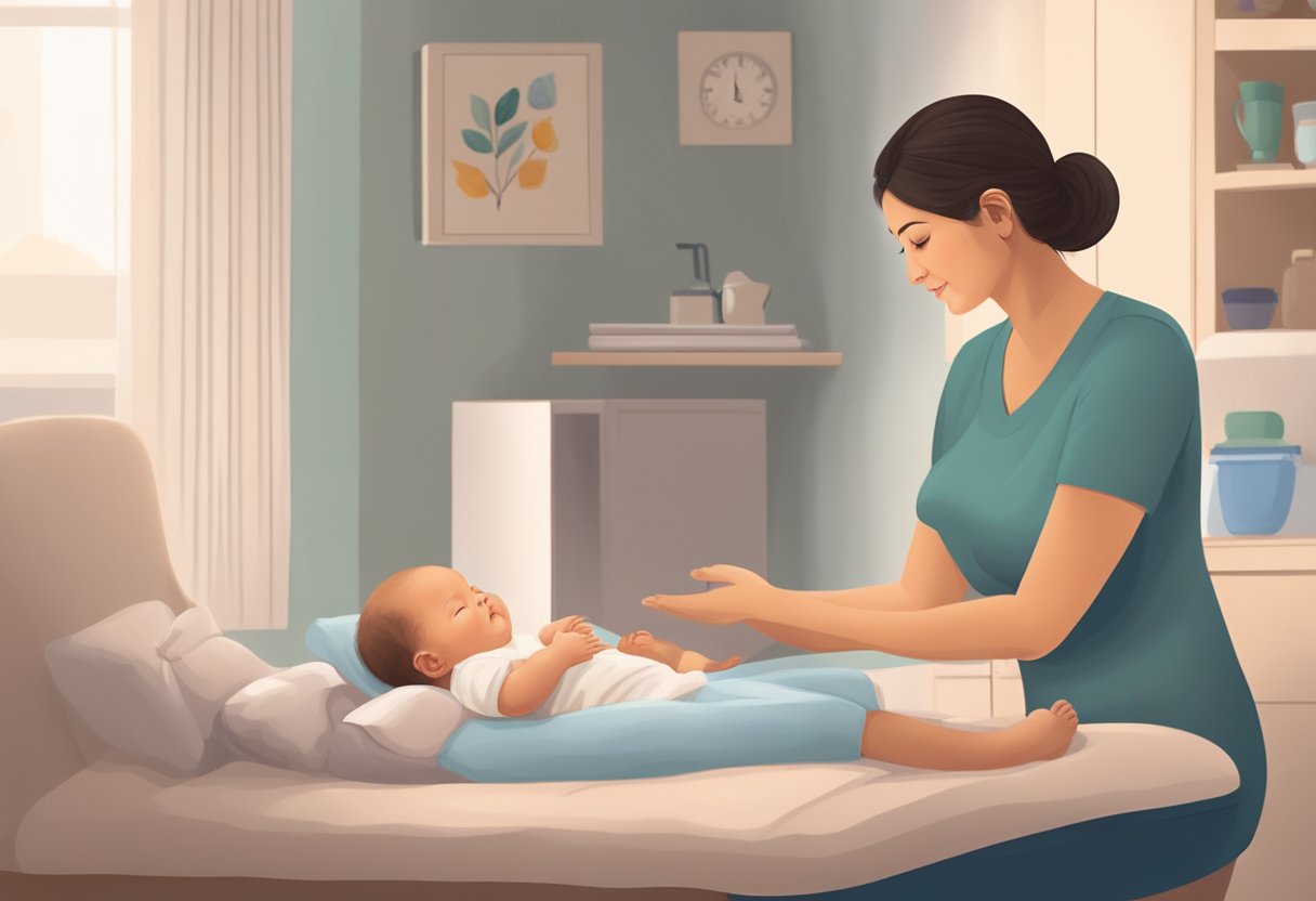 A postpartum doula providing support to a new mother, offering guidance and assistance with infant care, household tasks, and emotional well-being