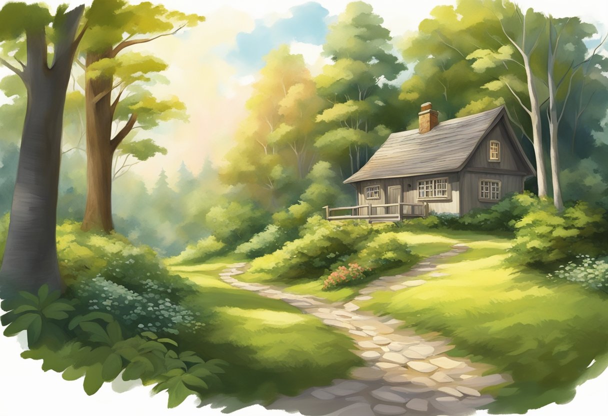 A serene path winds through a lush forest, leading to a tranquil, sunlit clearing with a cozy cottage nestled among the trees