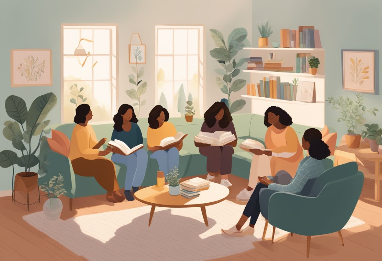 A group of doulas gather in a cozy, sunlit space, sharing knowledge and support while surrounded by books, journals, and comforting decor