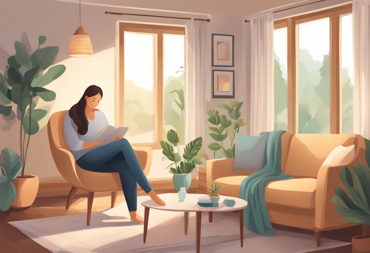 A cozy living room with soft lighting, a comfortable chair, and a nurturing atmosphere. A mother and baby peacefully bonding, supported by a caring doula