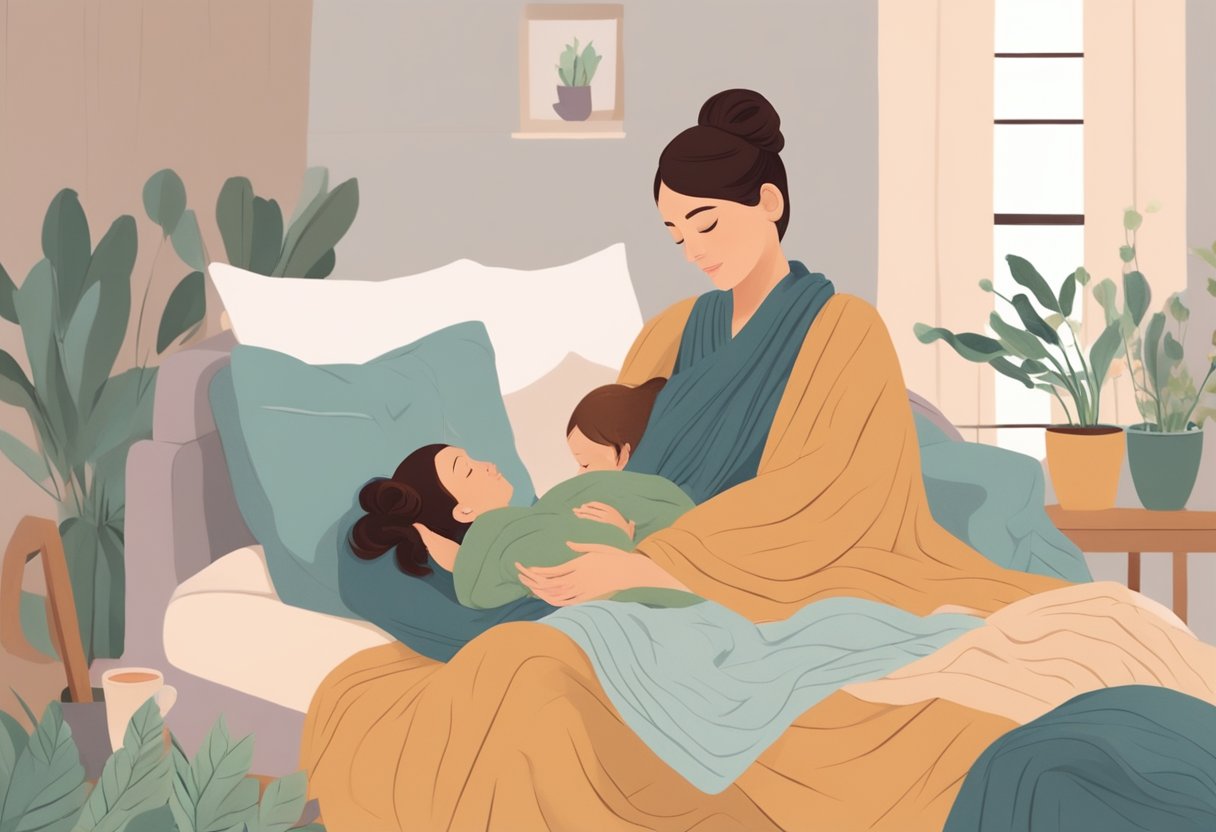 A doula comforting a new mother, surrounded by soft blankets and soothing colors, with a warm cup of herbal tea nearby