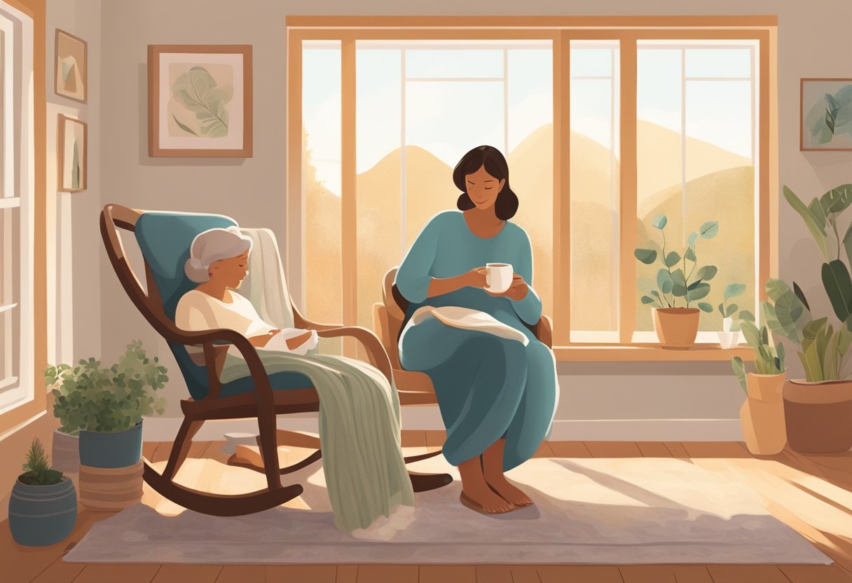 A peaceful, sunlit room with a cozy rocking chair, soft blankets, and a warm cup of tea. A mother rests while a doula gently tends to her needs