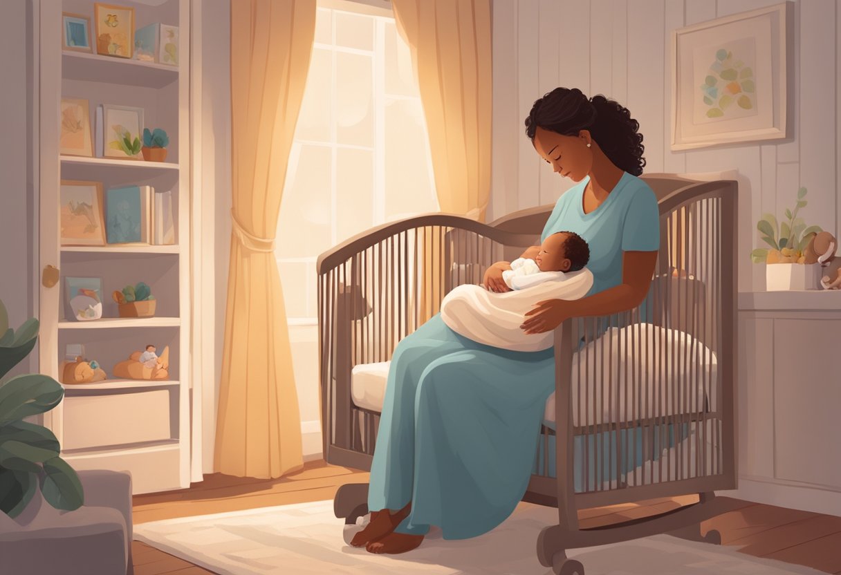 A peaceful, cozy nursery with a rocking chair, crib, and soft lighting. A mother gently cradles her newborn while a doula offers support and guidance