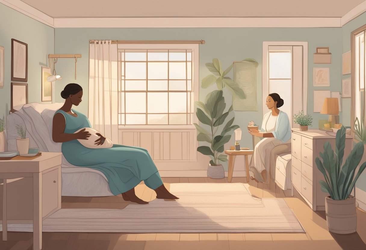 A peaceful birthing room with a doula providing support to a new mother and her partner during the fourth trimester. The doula offers guidance and comfort as the family navigates the early days of parenthood