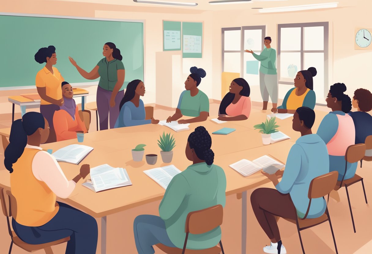 A group of diverse individuals gather in a classroom, engaged in discussions and activities led by a certified doula instructor