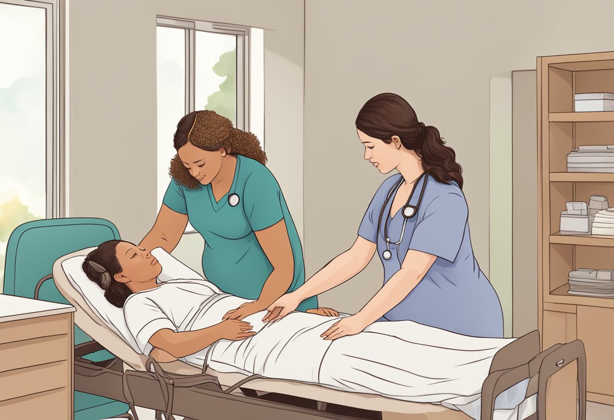 A doula guiding and supporting a pregnant woman through labor and delivery