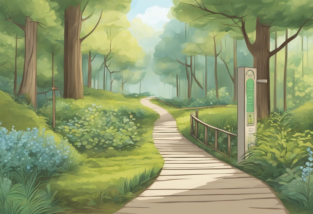 A serene forest path leading to a tranquil birthing center, with a signpost pointing towards "Doula Certification Programs"