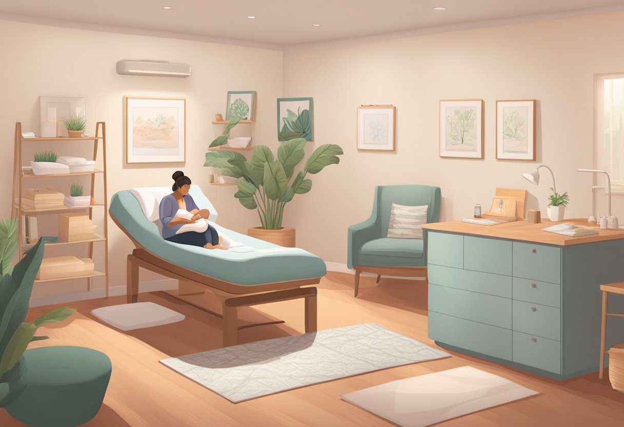 A serene birthing room with a comforting atmosphere, a supportive doula guiding a laboring mother, and certification materials displayed nearby