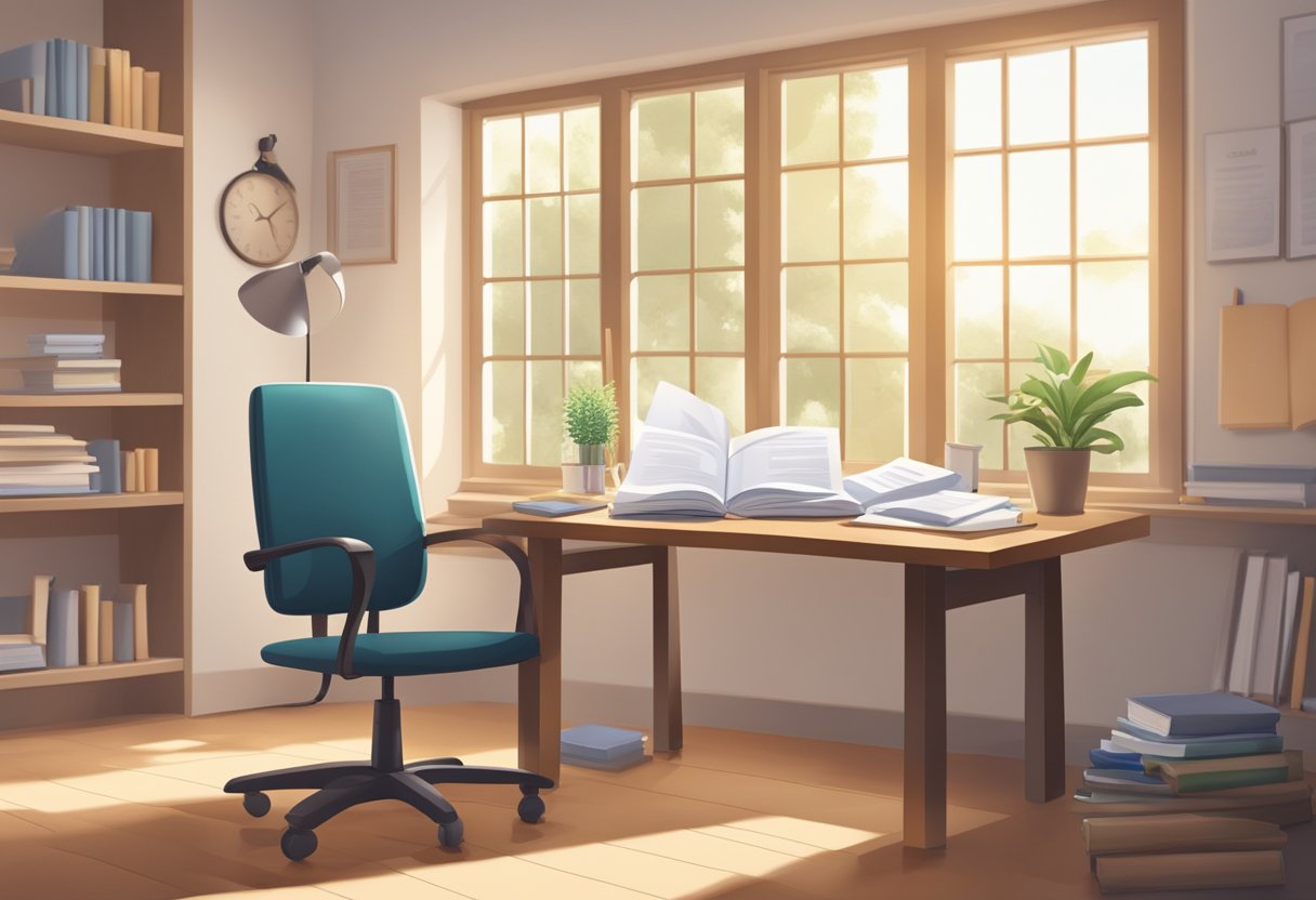 A serene, sunlit room with a comfortable chair and a table filled with paperwork and educational materials. A diploma and certification plaque hang on the wall