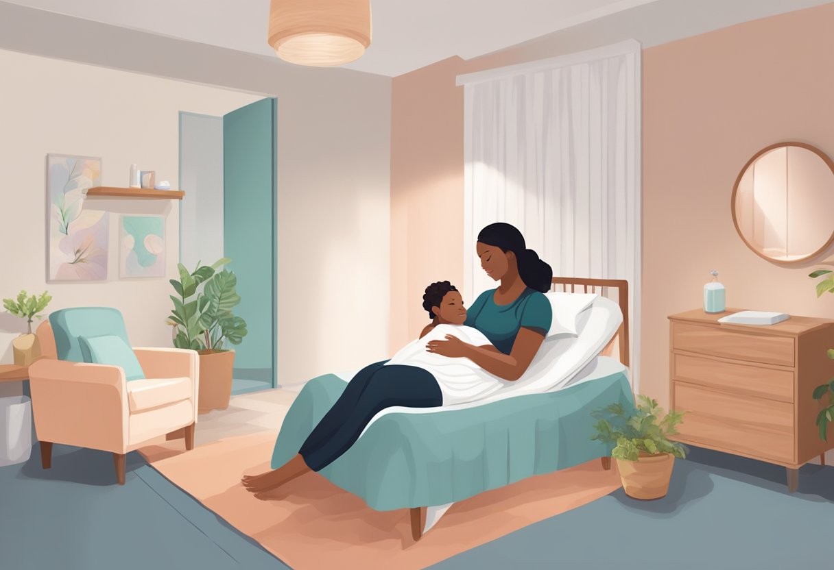 A peaceful birthing room with a doula providing continuous support to a laboring mother, offering comfort and guidance during the birth process