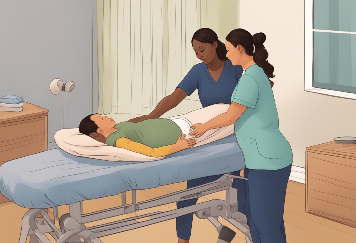 A doula supporting a laboring person with calming presence and guidance during childbirth