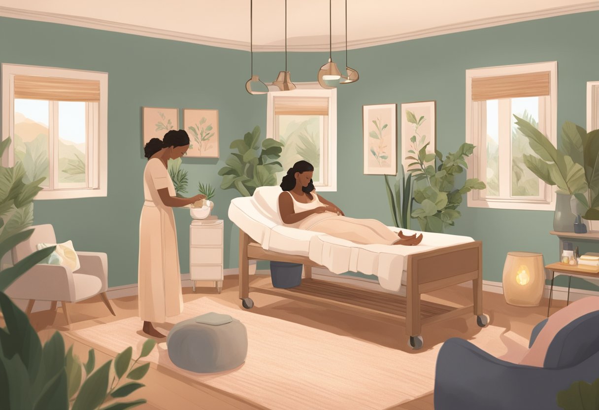 A serene birthing room with a doula providing support to a laboring mother, surrounded by calming essential oils and soft lighting