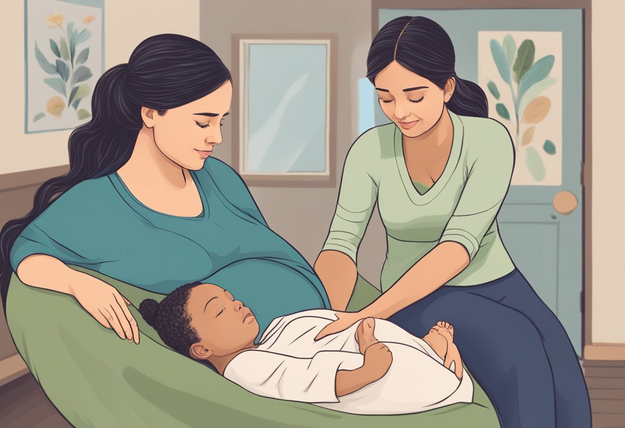 A doula guiding a pregnant woman through labor, providing emotional support and comfort