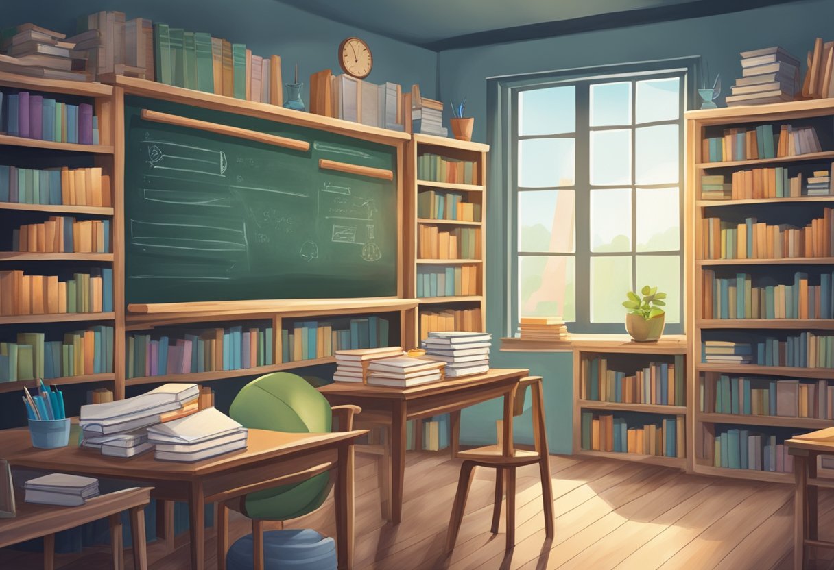 A serene classroom setting with a chalkboard and desks, surrounded by shelves of books and educational materials on doula training and certification