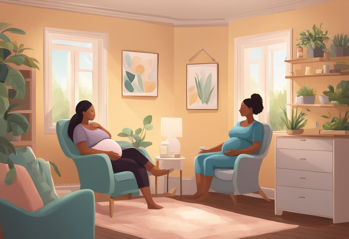 A serene birthing room with a comfortable chair, soft lighting, and calming decor. A pregnant woman and a doula are engaged in deep conversation