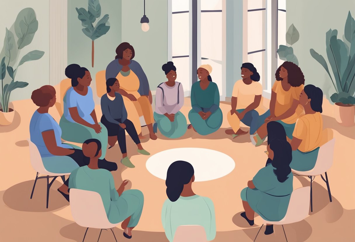 A group of diverse individuals gather in a circle, sharing knowledge and support. A doula leads the discussion, while others listen and engage