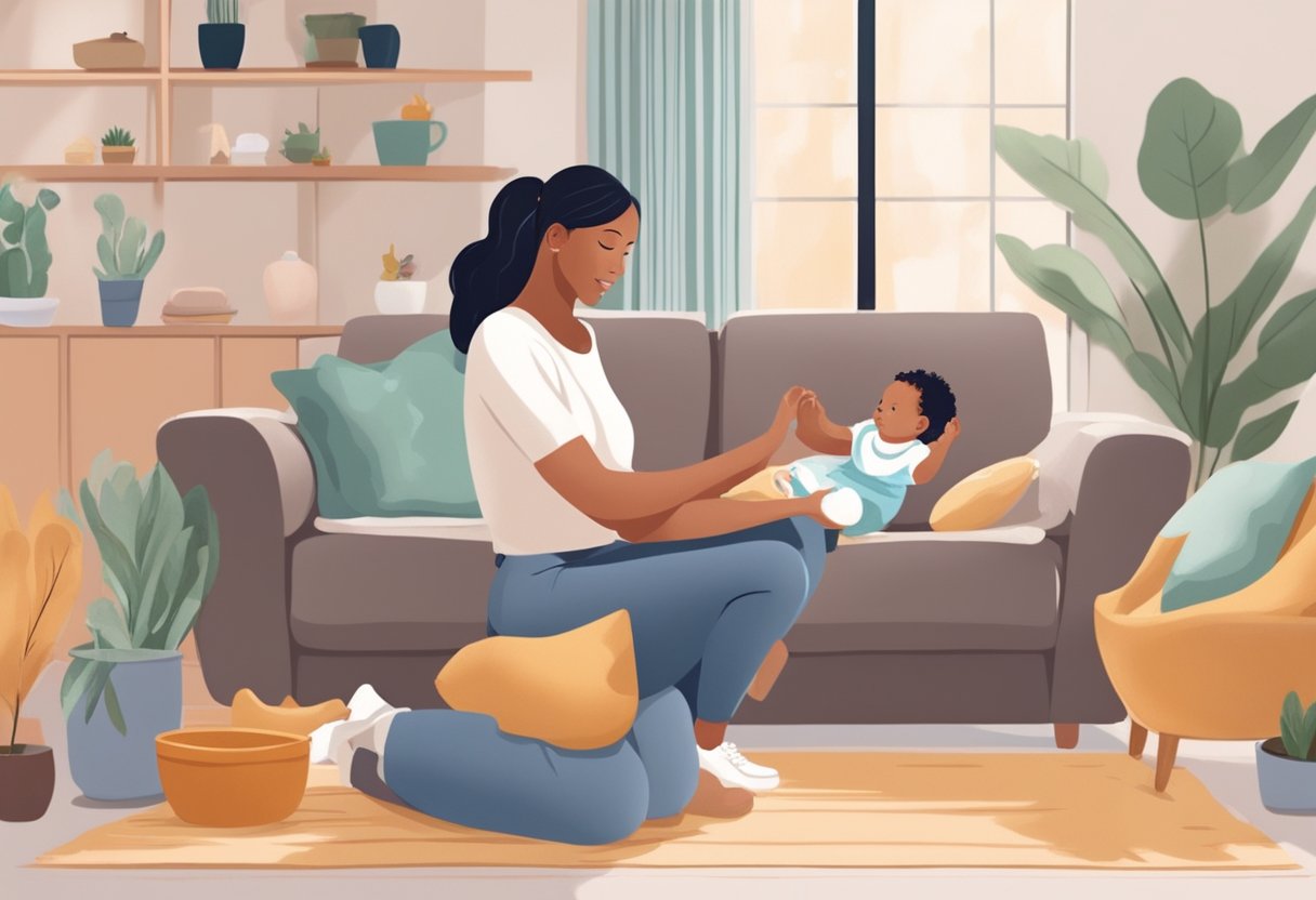 A postpartum doula supports a new mother with household chores, baby care, and emotional support in a cozy, clutter-free living room