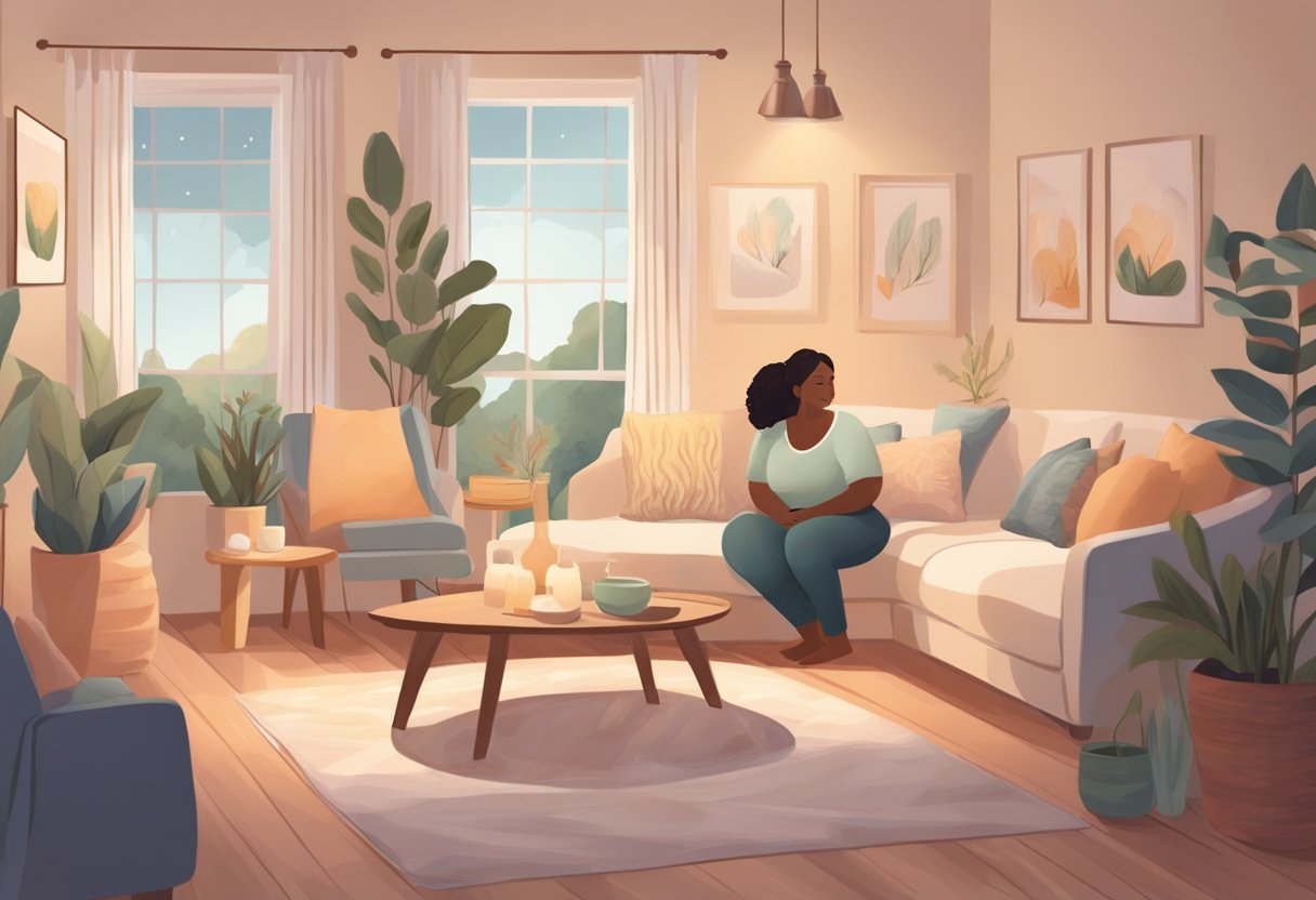 A cozy, nurturing space with soft lighting and comforting decor. A doula provides support and guidance to a postpartum individual, offering emotional and physical assistance