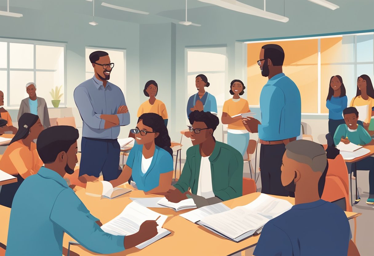 A group of diverse individuals gather in a bright, spacious room filled with educational materials and resources. A mentor stands at the front, engaging with the group in a lively discussion