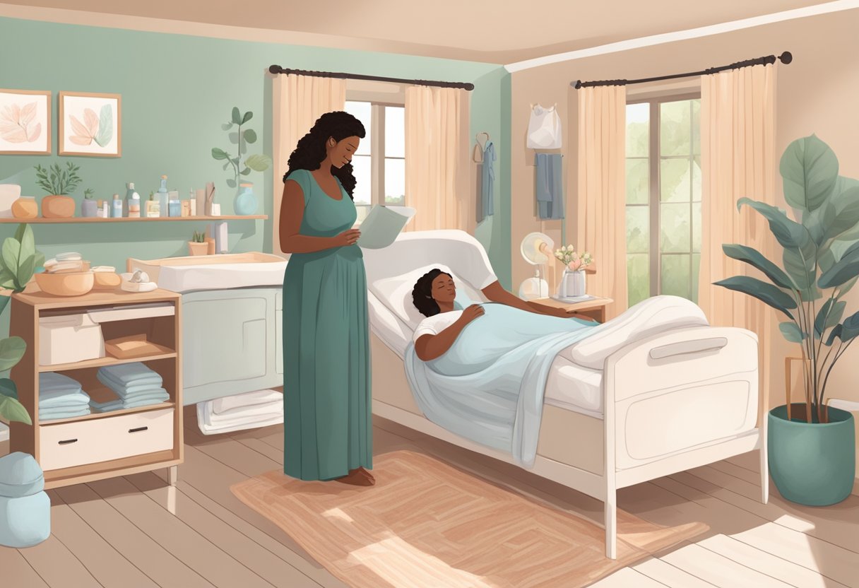 A serene birthing room with a doula supporting a mother, surrounded by comforting tools and resources for childbirth education and support