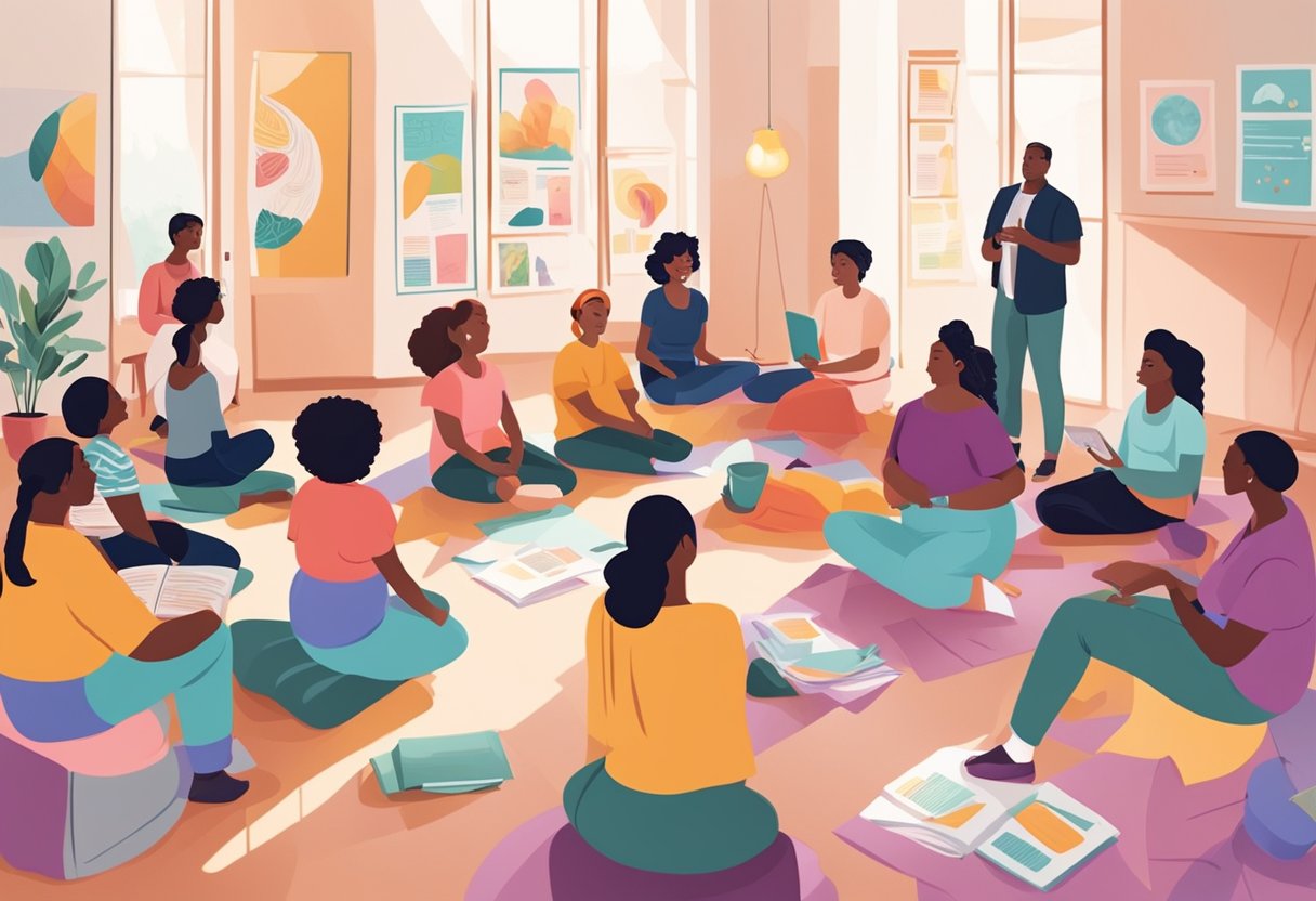 A group of diverse individuals gather in a bright, spacious room, surrounded by colorful posters and educational materials about doula training programs