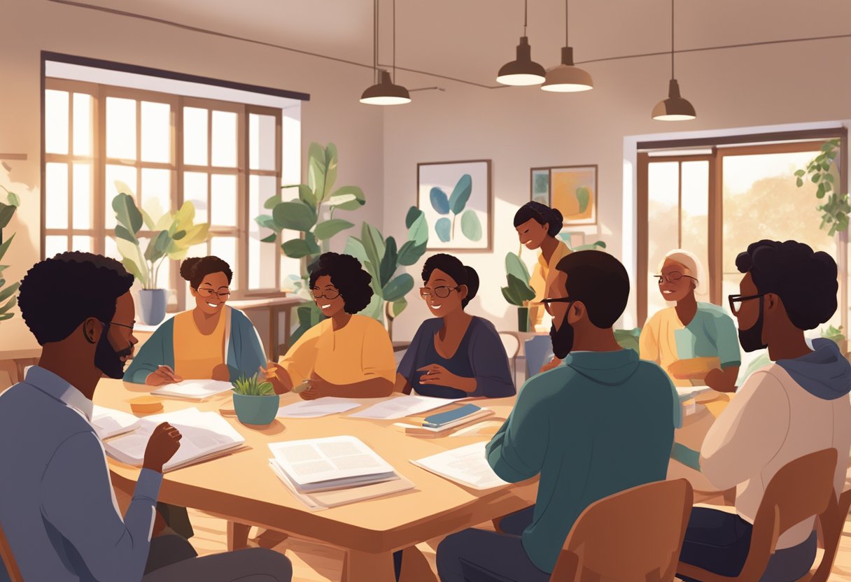 A group of diverse individuals gather in a cozy, sunlit room, engaged in animated discussion and hands-on activities, surrounded by educational materials and resources