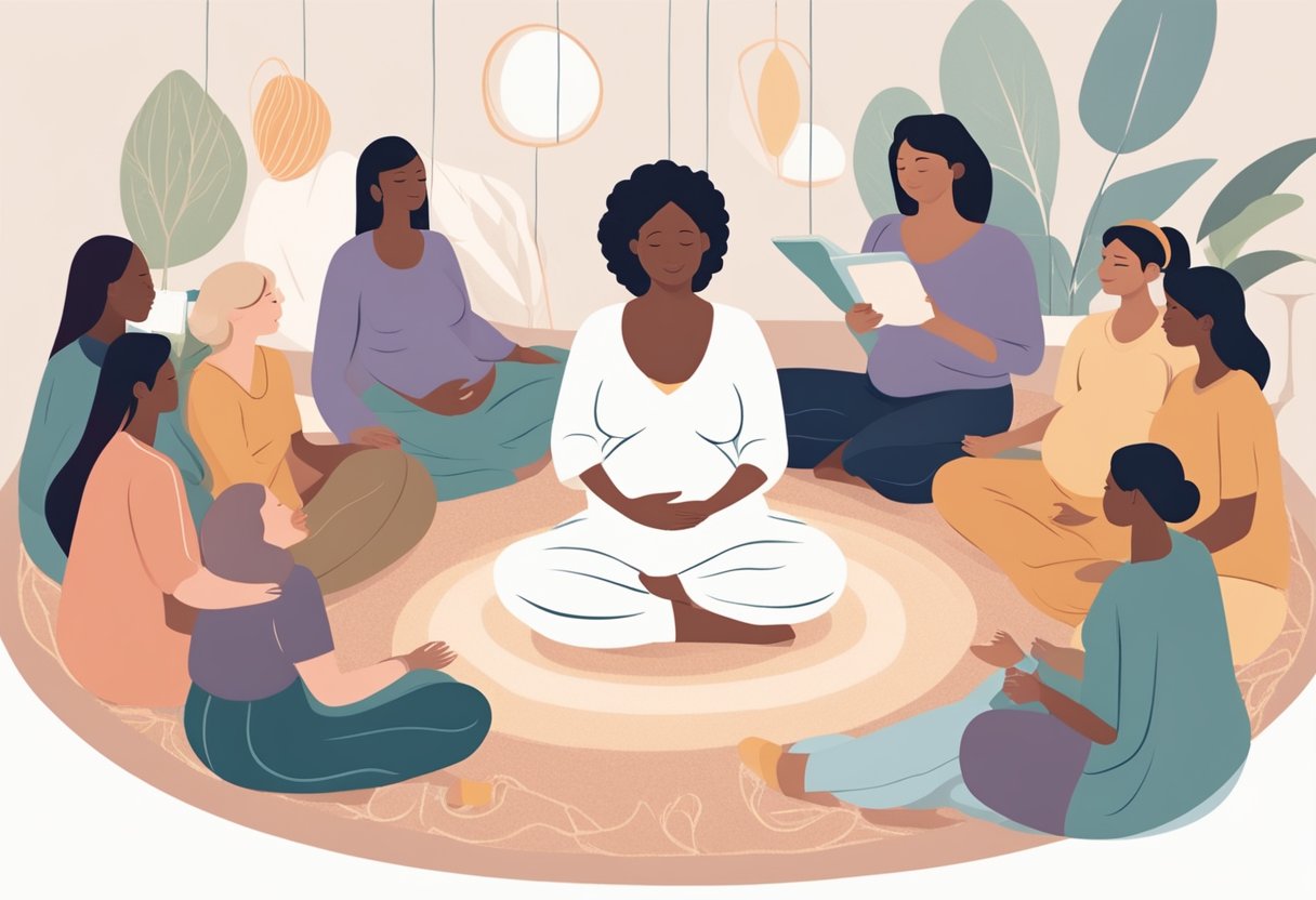 A serene, pregnant woman sits in a circle of supportive women, surrounded by soft pillows and soothing music. The women are engaged in deep conversation, sharing knowledge and support as they learn about the benefits of becoming certified doulas