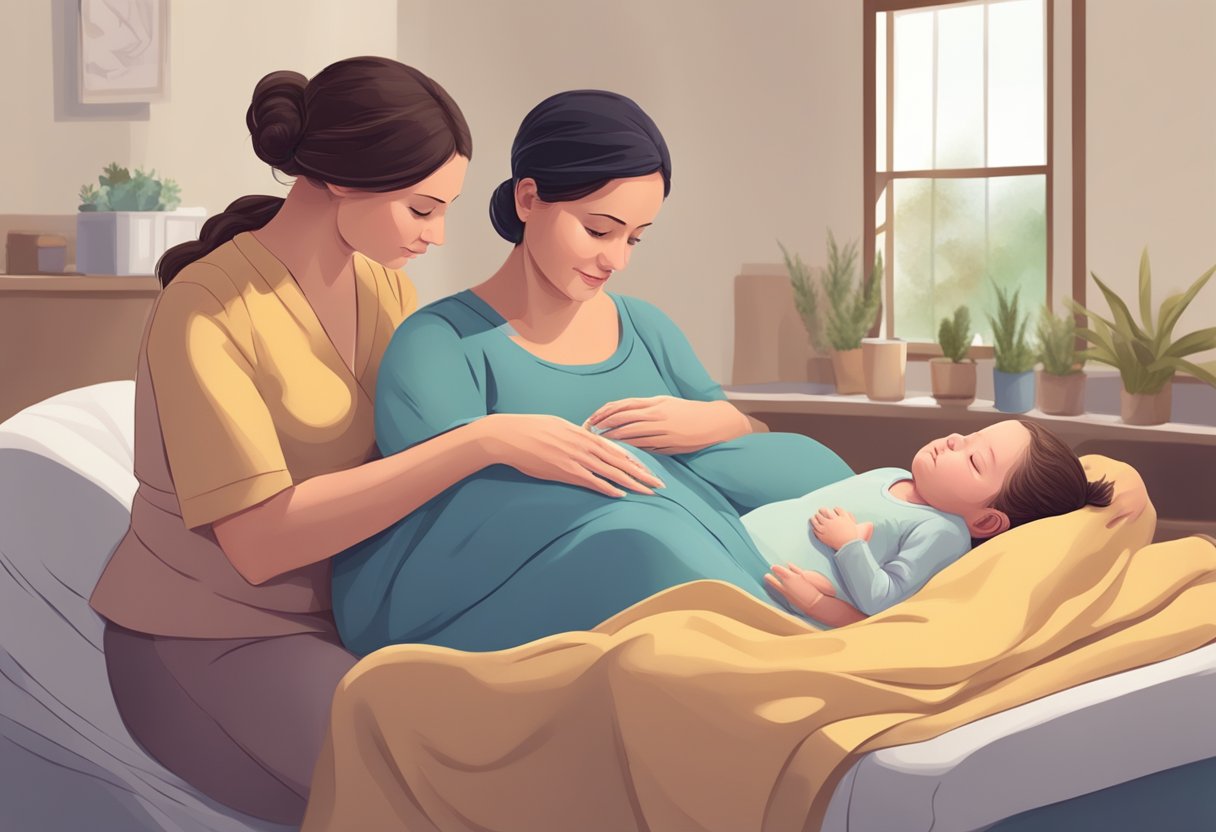 A doula comforting a laboring mother, offering support and guidance during childbirth