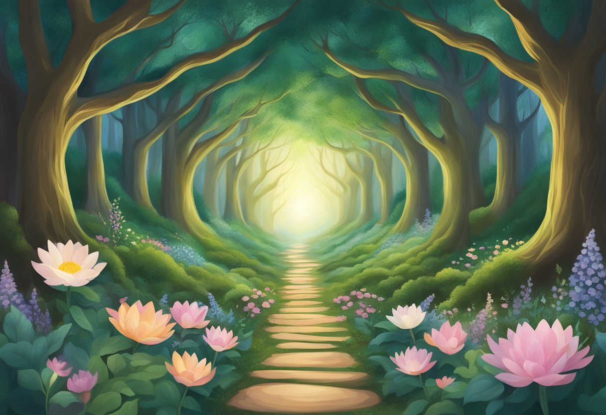 A serene forest path leading to a glowing certification symbol surrounded by blooming flowers and supportive doula imagery