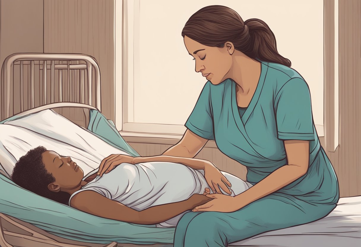 A doula comforting a laboring mother, offering emotional support and guidance during childbirth