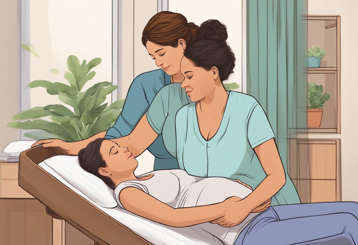 A doula supporting a pregnant person during labor, providing emotional and physical comfort