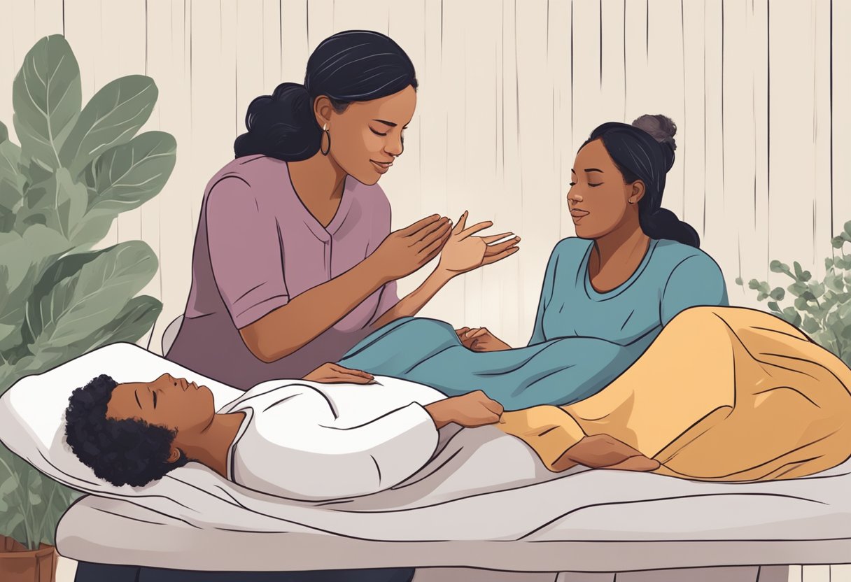 A doula providing emotional support to a laboring person, offering encouragement and comfort during childbirth