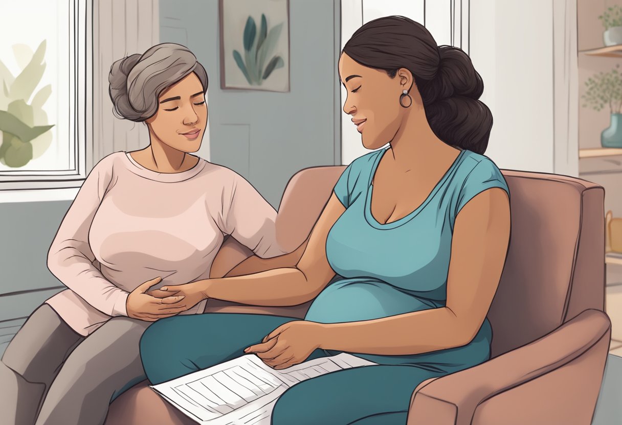 A doula sitting with a pregnant woman, discussing birth plans and providing emotional support