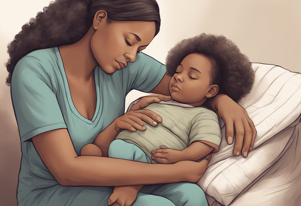 A doula comforting a laboring mother with soothing touch and encouraging words