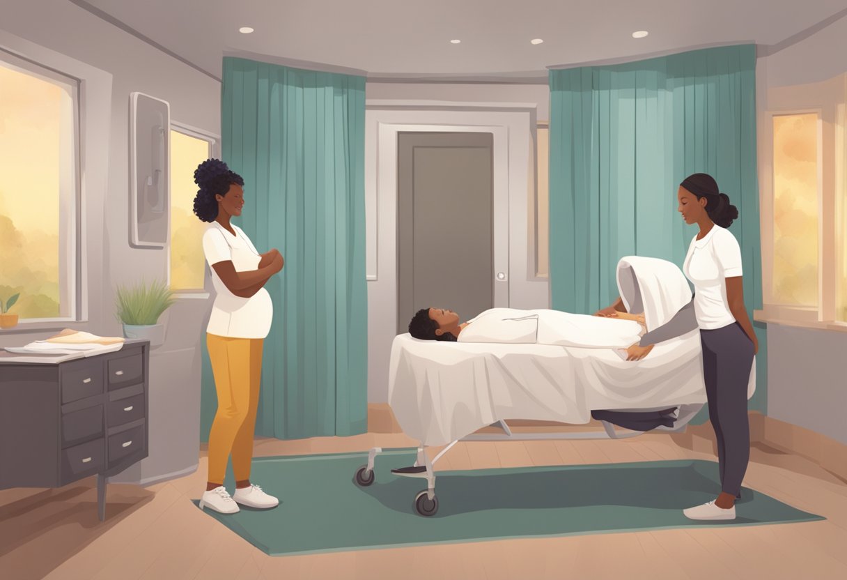 A serene birthing room with a doula providing emotional and physical support to a laboring mother, while the partner looks on with reassurance