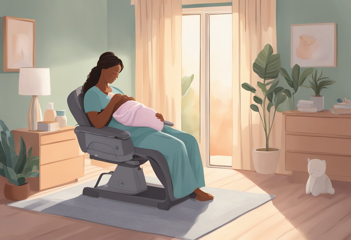 A serene birthing room with a comforting chair, soft lighting, and a supportive doula guiding a mother through the birth process